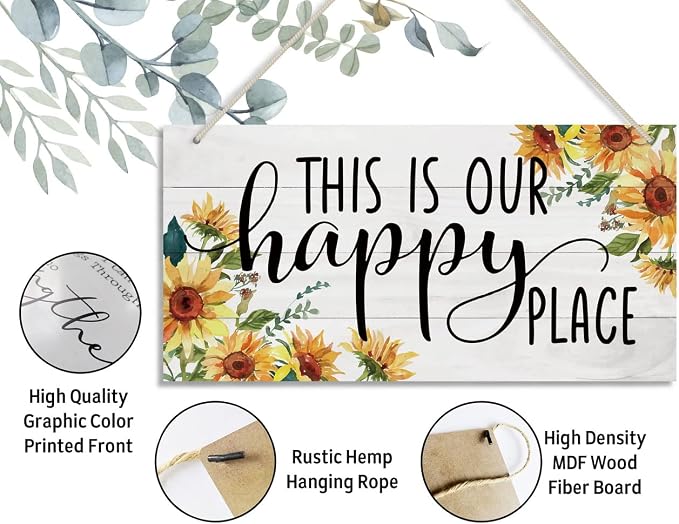 Sunflower Theme Wood Decor Sign, This Is Our Happy Place, Hanging Printed - Image 3