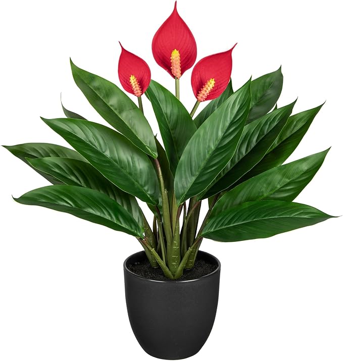 GnFlus 20'' Realistic Red Anthurium Artificial Potted Plant, Fake Flowers by GnFlus
