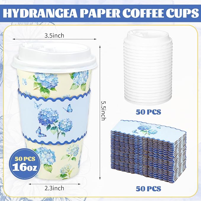Whaline 50 Pcs 16 Oz Hydrangea Flower Paper Coffee Cups - Image 2