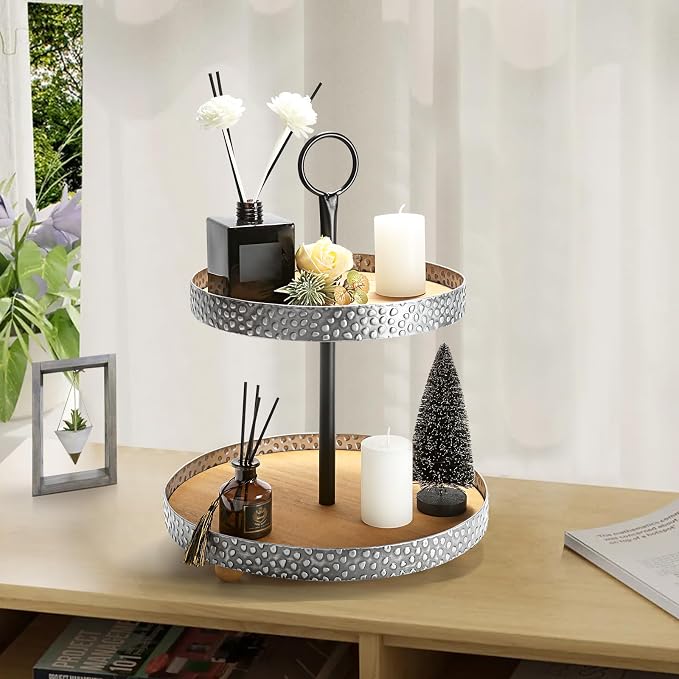 Wooden Two Tiered Tray Stand, Farmhouse Round 2 Tier Decorative Tray - Image 2