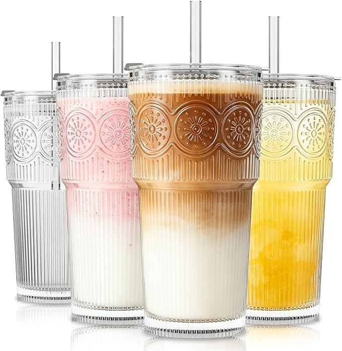 SoulTimes 20oz Ribbed & Floral Glass Tumbler Set of 4 – Reusable Glass Cups by SoulTimes