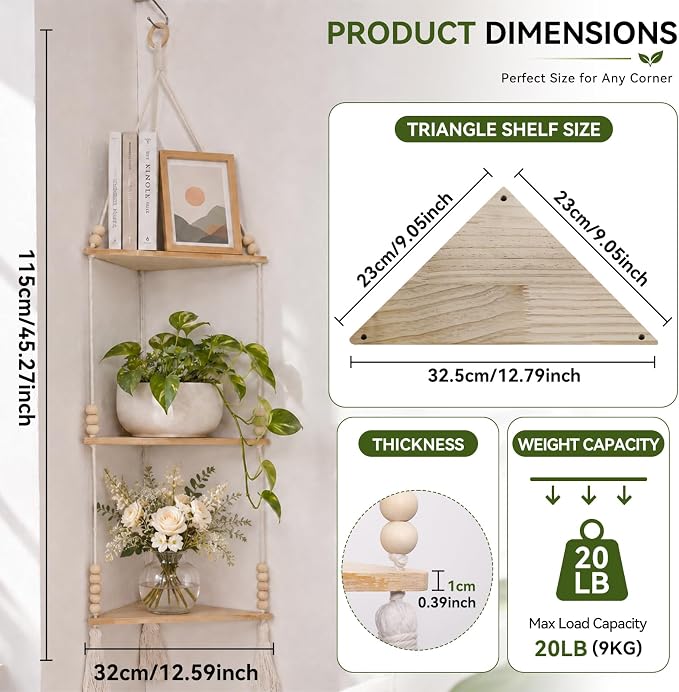 Artilady Macrame Corner Shelf Wall Hanging 3-Tier, Adjustable Boho Wood Plant - Image 5