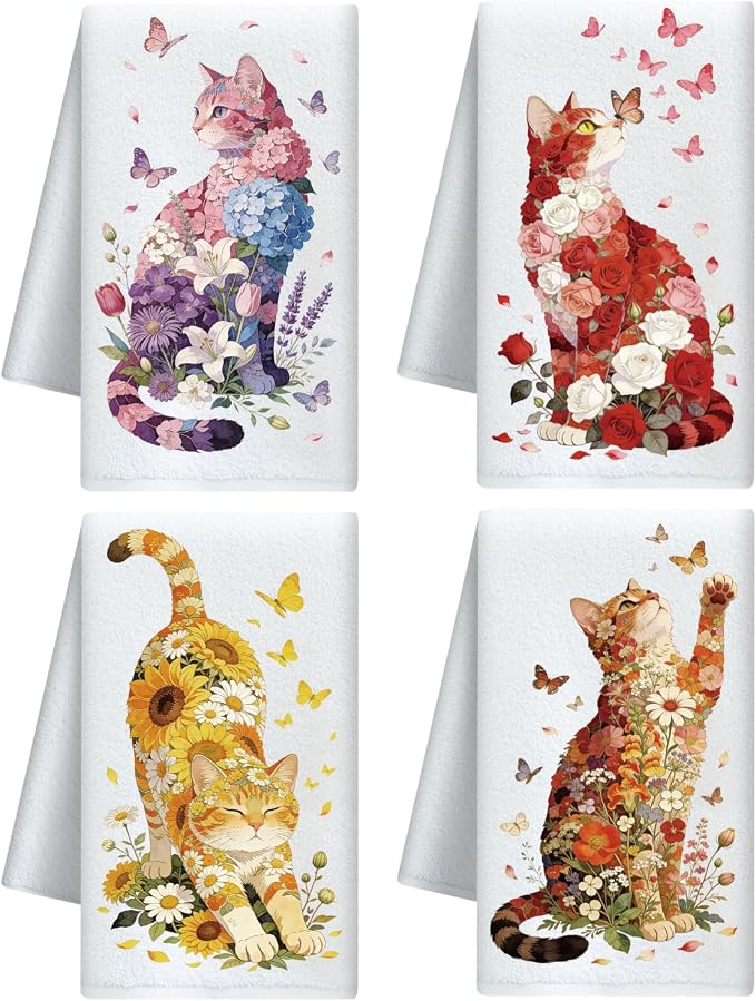 CUTHOLLOW Colorful Cat & Flower Decorative Kitchen Towels Set of 4, by CUTHOLLOW