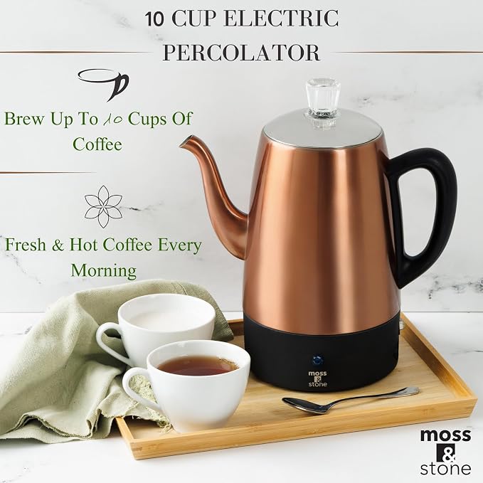 Moss & Stone 10 Cup Copper Percolator Coffee Pot Electric, Stainless Steel - Image 5