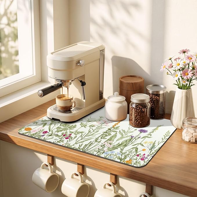 LOKHOM Dish Drying Mat for Kitchen Counter, Wildflower Floral Dish Drainer Rack - Image 4