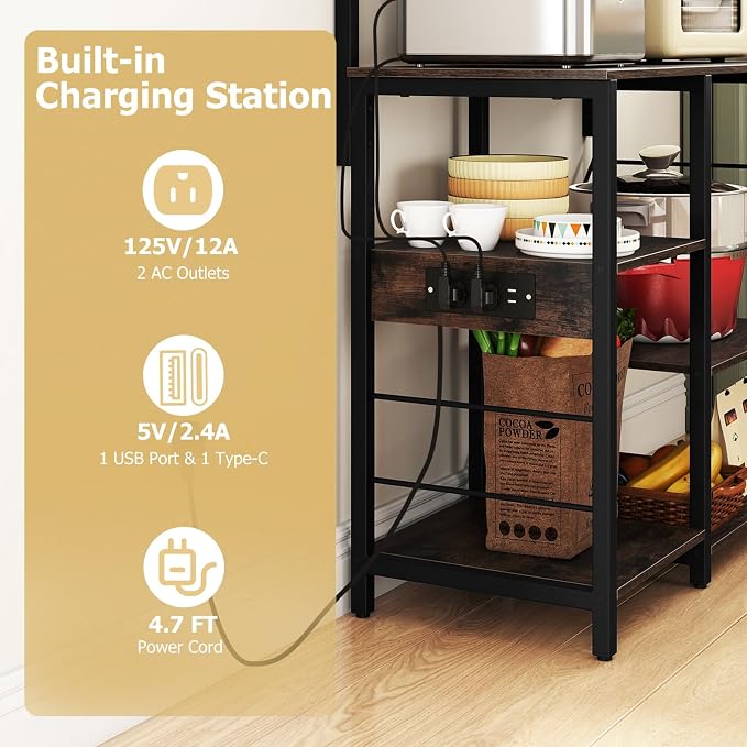 Giantex Bakers Rack with Power Outlet and LED Lights, 7-Tier Microwave Stand - Image 6