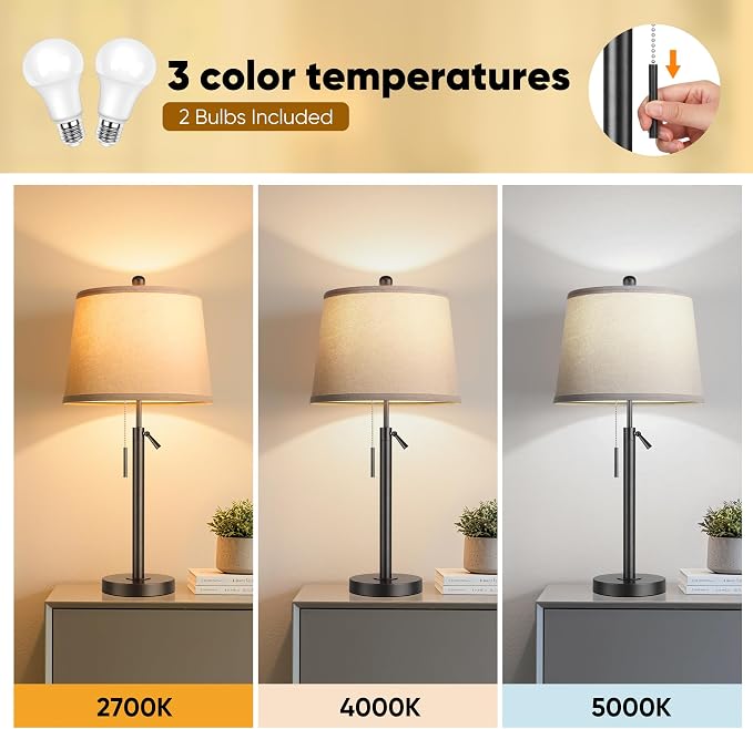 PARTPHONER Bedside Table Lamps Set of 2, Tall Black Table Lamps - Image 3