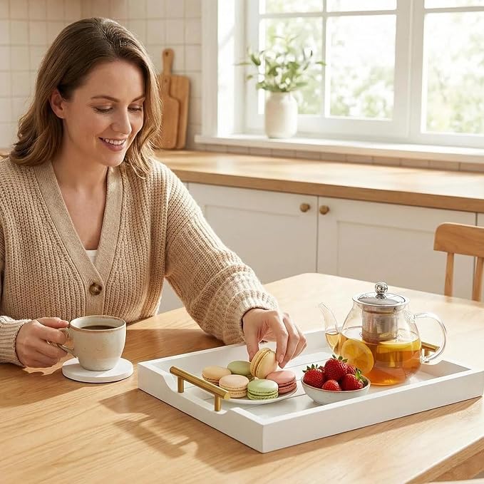 Wood Serving Tray with Metal Handles, 17x13in Large Wooden Tray - Image 9