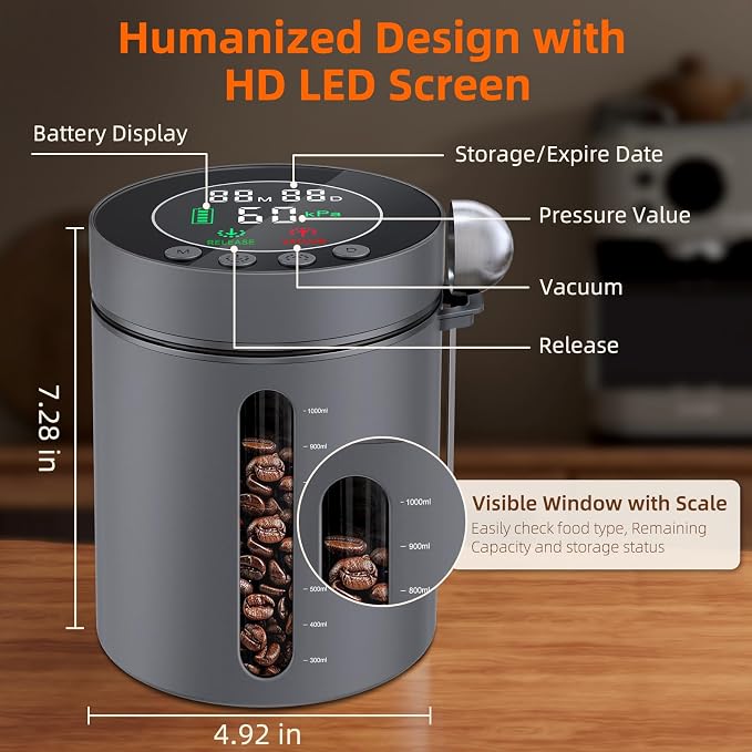 Automatic Vacuum Coffee Canister, 1.3L Airtight Food Storage Containers - Image 7