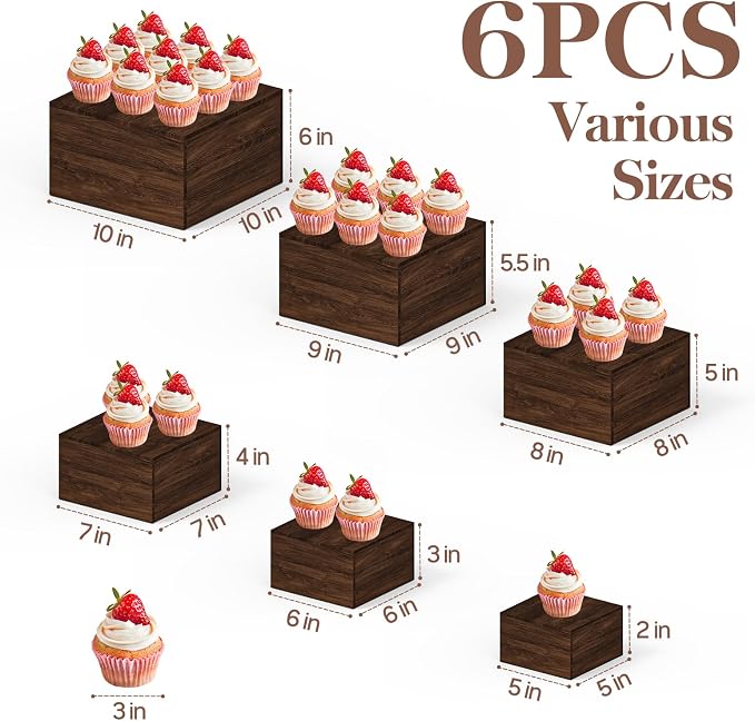 6 PCS Wooden Buffet Risers, Rustic Wood Cake Cupcake Stands, Square Food Risers - Image 2