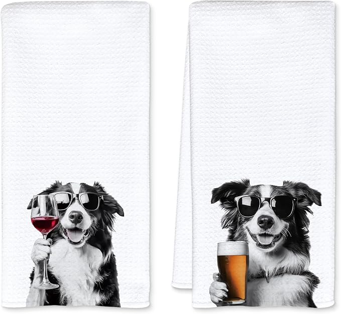 Funny Border Collie Kitchen Towels Set of 2, Funny Kitchen Decor, Wine Bar Decor by Unknown