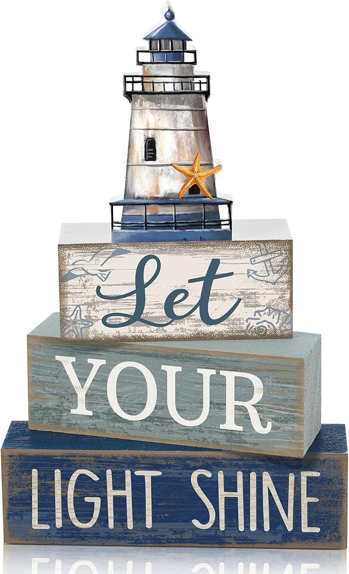 Lineshading 4 Pcs Beach Coastal Table Decor Wooden Lighthouse Decoration by Lineshading