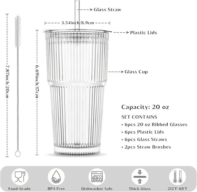 INSETLAN 6-Piece Glassware Set – 20 oz Ribbed Glass Tumblers - Image 3