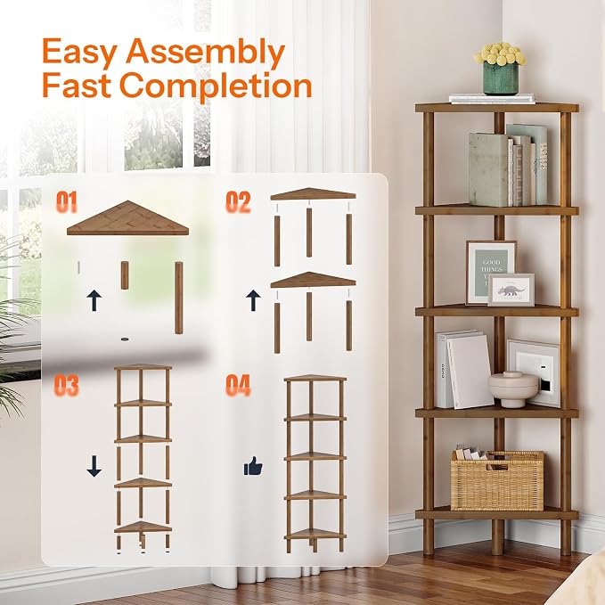 HOOBRO Corner Shelf Stand, 5-Tier Bamboo Corner Bookshelf, Plant Display Shelf - Image 4