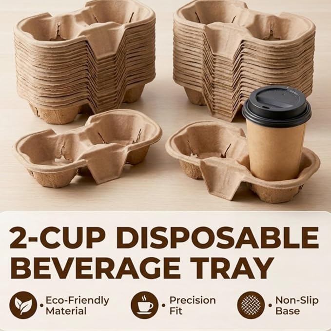 2 Cup Disposable Coffee Trays, Pulp Fiber Cup Holder Commercial Compostable - Image 3