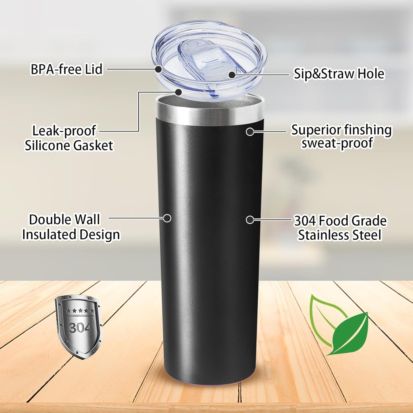 20 oz Skinny Tumbler with Lid and Straw,Stainless Steel Vacuum Insulated Tumbler Cup Double Wall Leak-proof Coffee Mug,Travel Thermal Water Tumbler for Home,Office,Outdoor(Black,1)