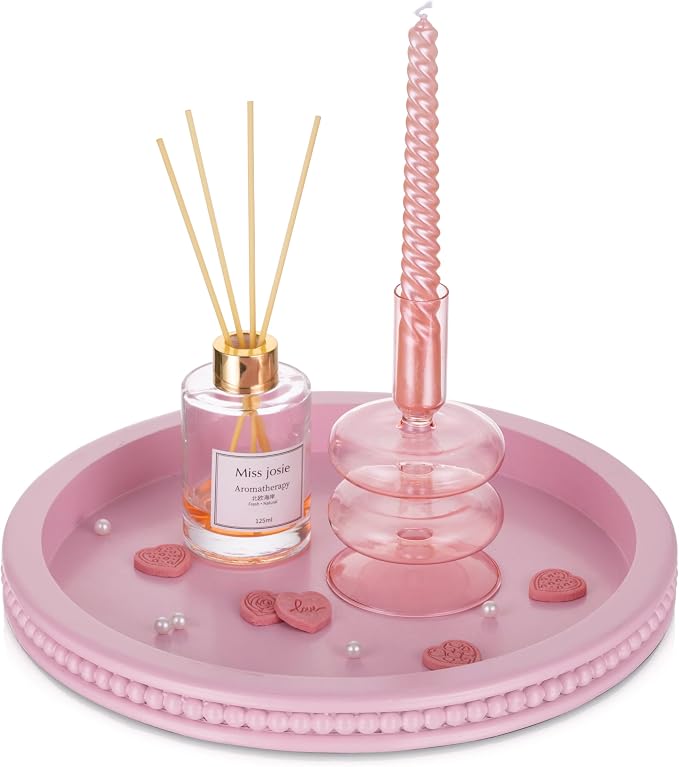 Hanobe Pink Tray Decorative Round: Beaded Perfume Trays Decor by Hanobe