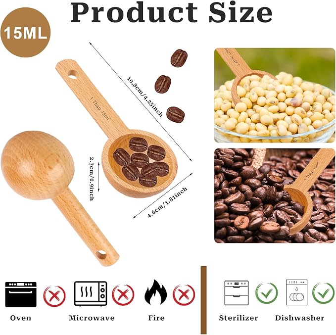 4 Pack Wooden Scoops for Canisters, 15ml Small Coffee Scoop in Beech Wood - Image 4