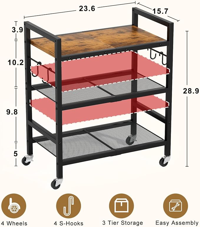 Rolling Kitchen Microwave Cart, 3 Tier Microwave Stand - Image 3