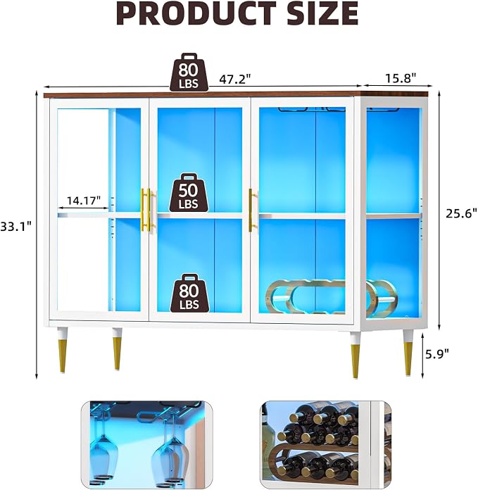 Wine Bar Cabinet with LED Lights, Metal Wood Home Coffee Bar Cabinet with Glass - Image 2
