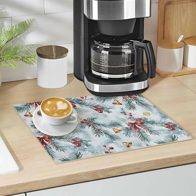 Light Blue Holly Bell Coffee Mat Coffee Bar Maker Backed Absorbent Nonslip - Image 5