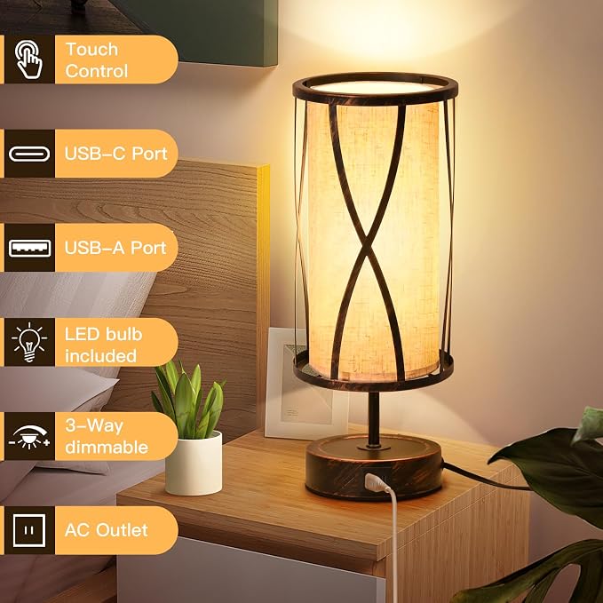 Distressed Table Lamps for Living Room, 3 Way Dimmable Touch Lamps, Small - Image 2