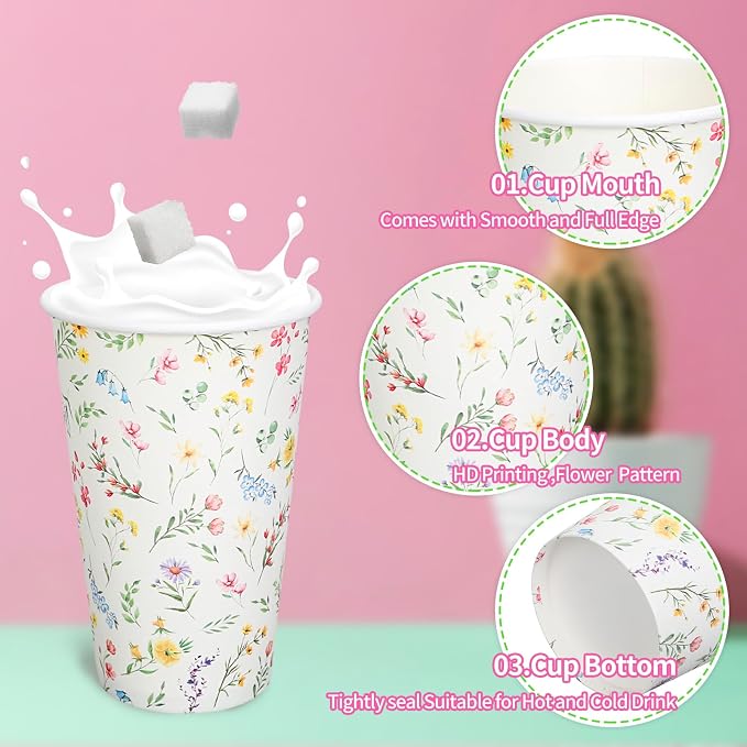 Whaline 50 Pcs Spring Floral Disposable Coffee Cups - Image 3