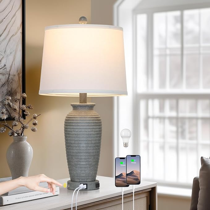 CINSARY 25" Grey Farmhouse Jar Table Lamps, 3 Way Touch Control Rustic Bedside by CINSARYLAMPSTYLE