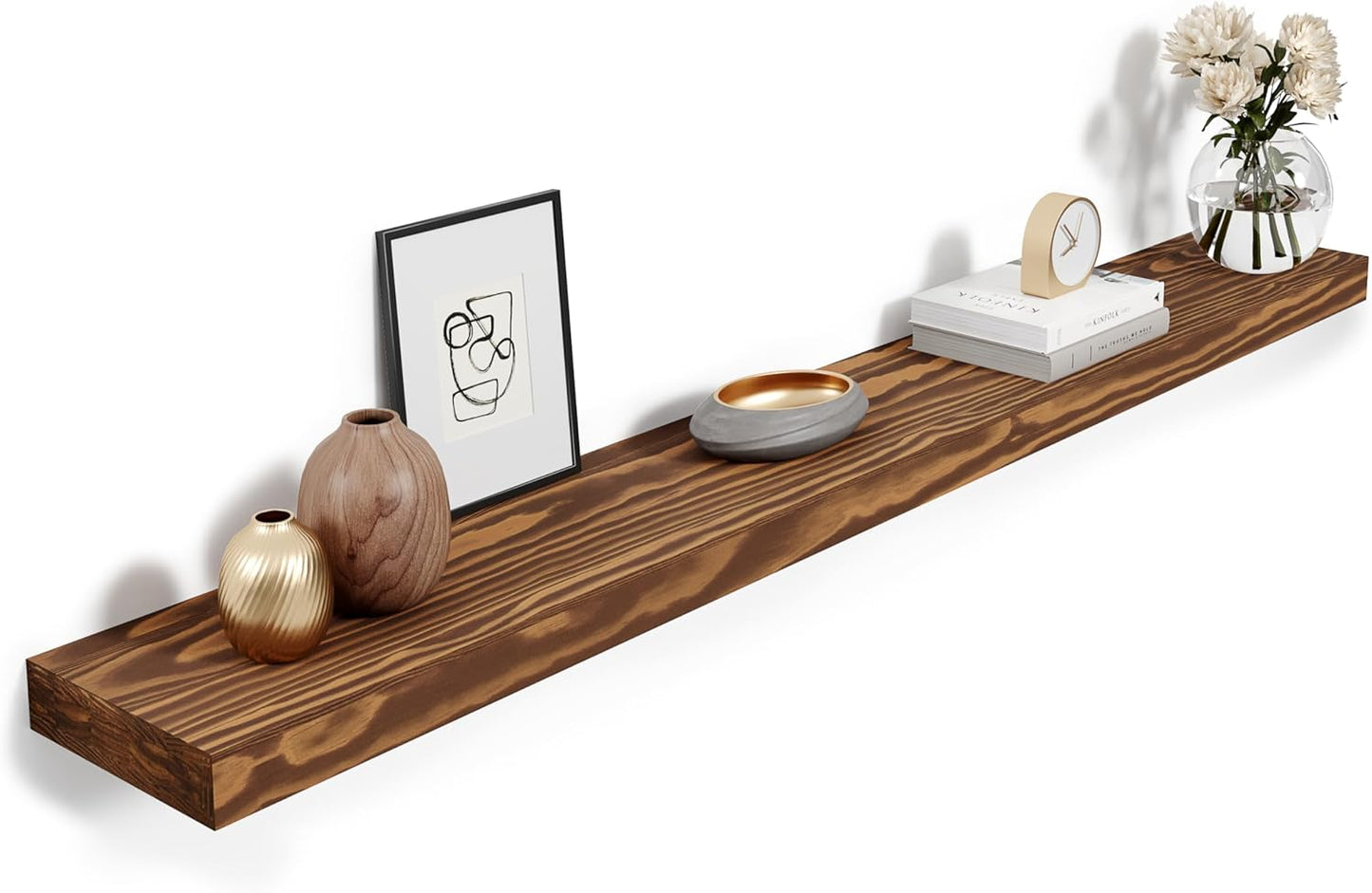 60'' Pine Wood Floating Shelf for Wall - Rustic Wall Mounted Wooden Shelf for Stylish Home Décor, Fireplace Mantel 60inch (Light Walnut, 60x8x2) - 1pcs