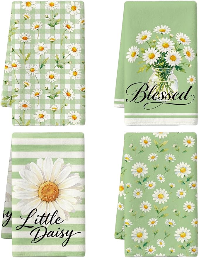 MAYJOYDIY 4 Pcs Daisy Flower Kitchen Towels 26x17.7Inch Green Gingham Check by MAYJOYDIY