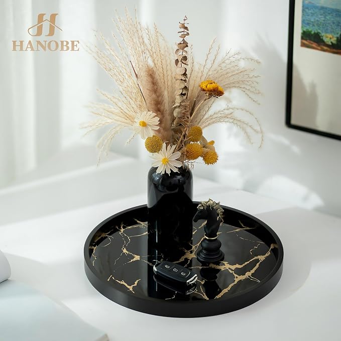 Hanobe Decorative Tray for Home Decor: Black Imitation Marble Round Serving - Image 5