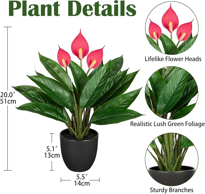 GnFlus 20'' Realistic Pink Anthurium Artificial Plant, Fake Potted Plants - Image 2