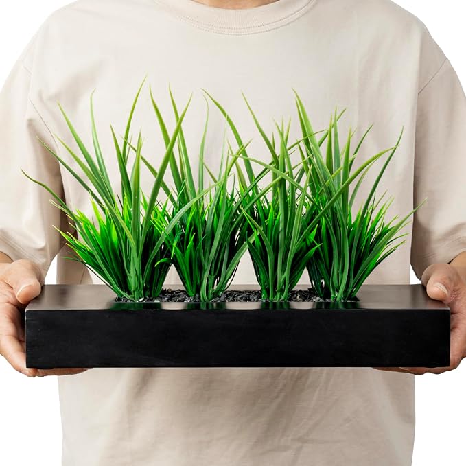 MyGift Large Artificial Green Grass Plants Potted in 14-Inch Matte Black Wood - Image 6