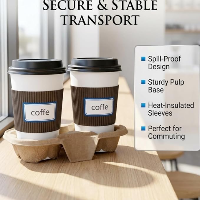 2 Cup Disposable Coffee Trays, Pulp Fiber Cup Holder Commercial Compostable - Image 2