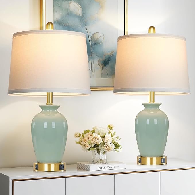 Cinkeda 23" Set of 2 Olive Green Ceramic Table Lamp - Image 7