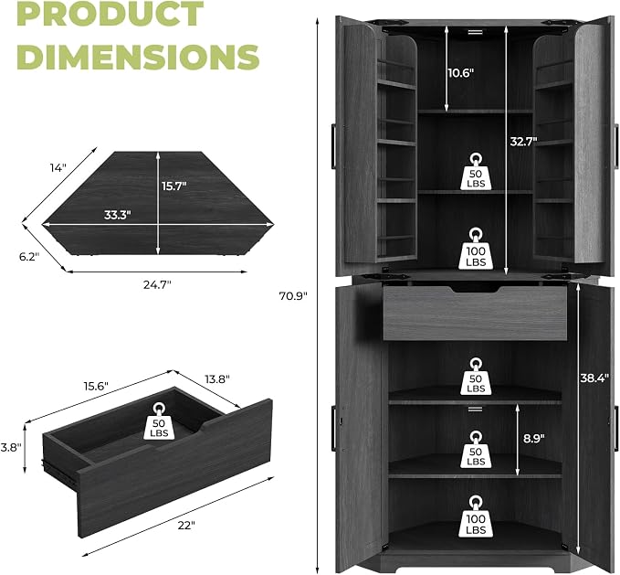 Dripex 71" Black Farmhouse Corner Pantry Cabinet - Image 2
