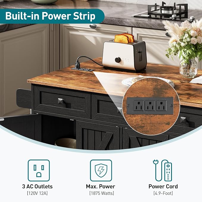 RALGEND Kitchen Island with Drop Leaf & Power Outlet, Rolling Kitchen Island - Image 5