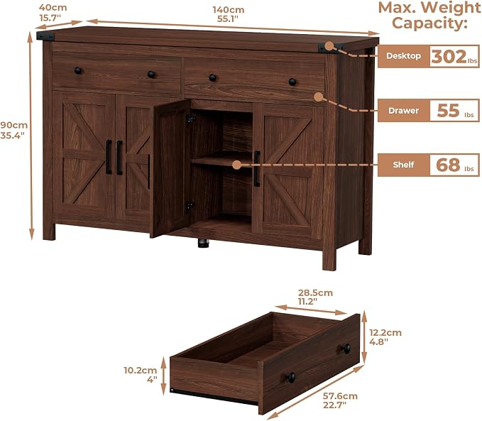 VVFLU Buffet Cabinet with Storage Farmhouse with 4 Doors and 2 Drawers - Image 3