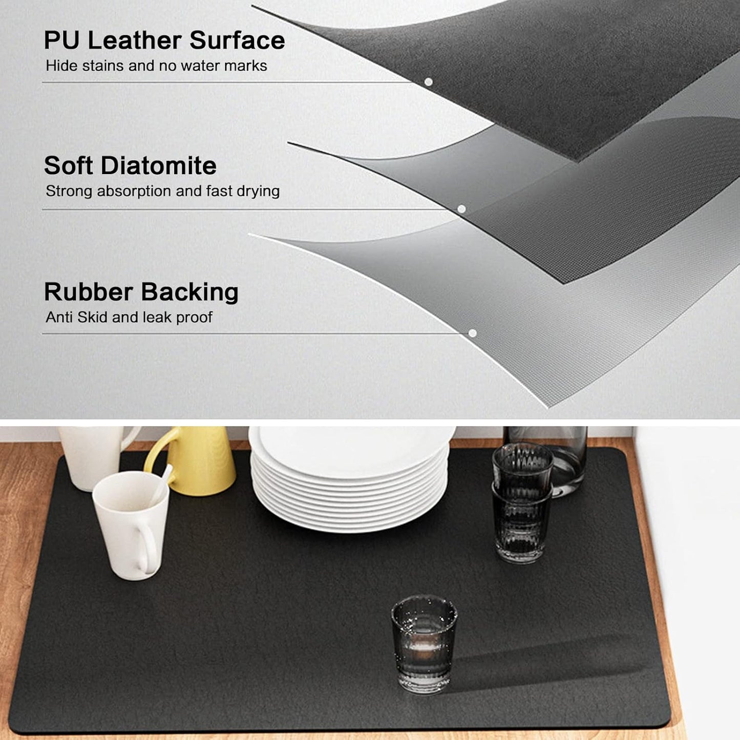 Coffee Mat 12''x19'' Dish Drying Mats for Kitchen Counter - Absorbent Hide Stain Bar Accessories Anti Spill Rubber Backed - Fits Under Coffee Maker Espresso Machine Dish Rack (Black)
