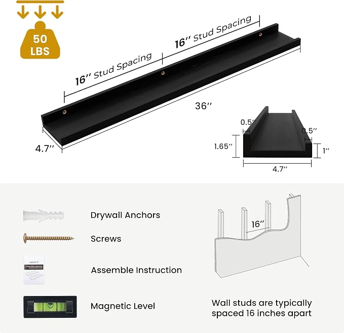 Acovy Solid Ash Wood Picture Ledge Shelf, 36 Inch Floating Shelves - Image 3