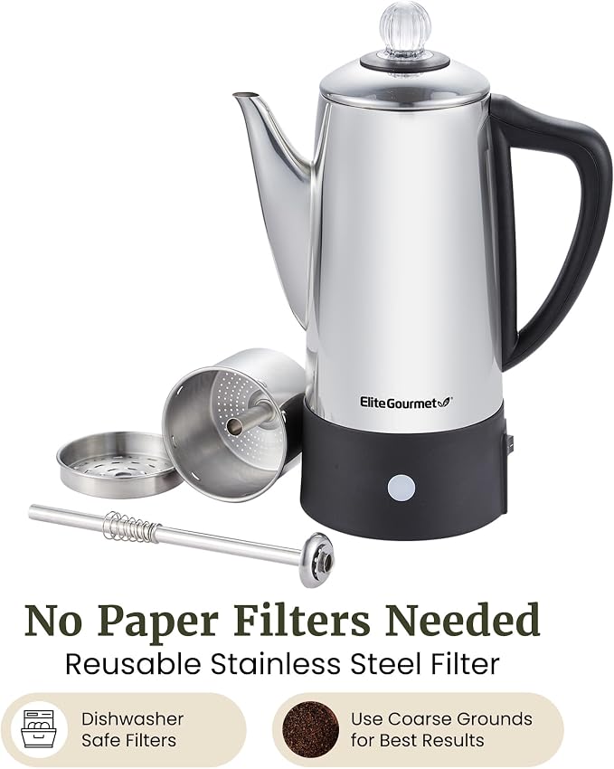 Elite Gourmet 6-Cup Electric Coffee Percolator – Stainless Steel, Fast Brewing - Image 4
