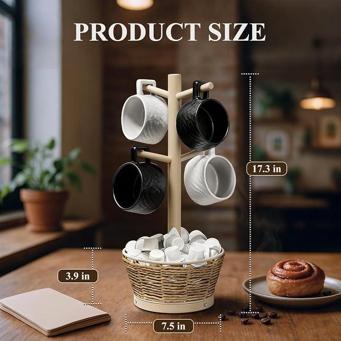 Wood Mug Holder Tree with Woven Basket, 4 Hooks Coffee Mug Holder, Countertop - Image 2