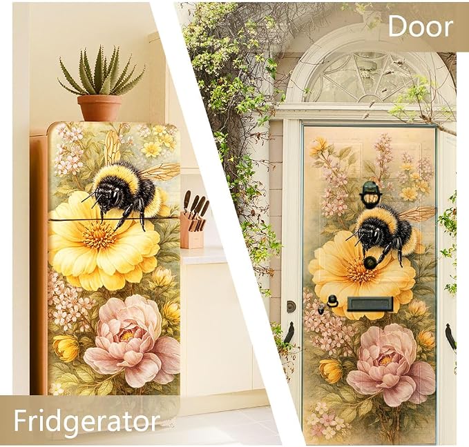 2 Pcs Bee Flower Removable Refrigerator Wraps, Self-Adhesive Vintage Floral Bee - Image 4