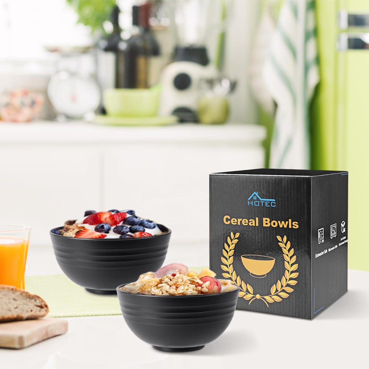 HOTEC BPA Free Unbreakable Wheat Straw Cereal Bowls - Microwave & Dishwasher Safe Soup and Salad Bowls, Set of 8, 26oz, Black