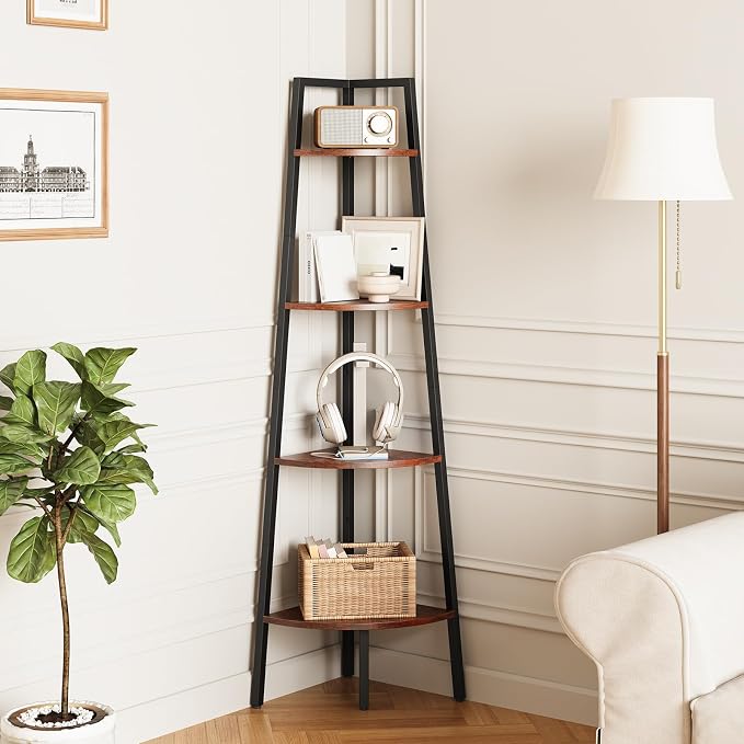 Yoobure 4‑Tier Corner Shelf – Sturdy Metal Frame & Wood Ladder Bookshelf by Yoobure