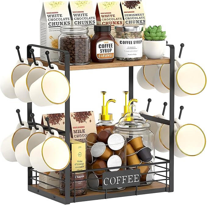 Coffee Mug Rack with 12 Hooks, 2-Tier Coffee Bar Organizer with Shelf & Storage by Samhe
