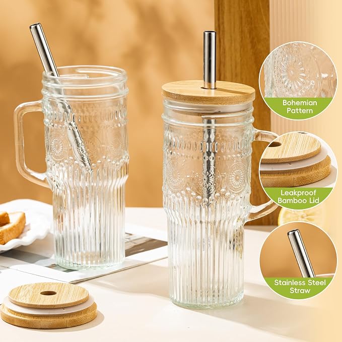 JunVpic Glass Cups with Bamboo Lids and Straws, 24oz Glass Tumbler with Handle - Image 2