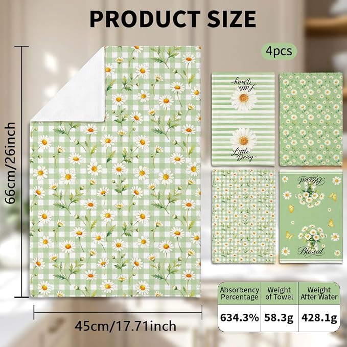 MAYJOYDIY 4 Pcs Daisy Flower Kitchen Towels 26x17.7Inch Green Gingham Check - Image 3