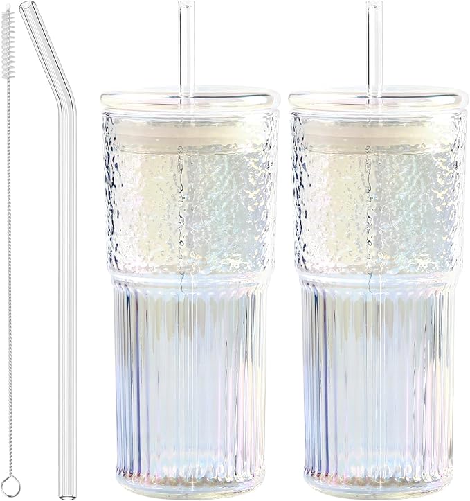 JunVpic Glass Cups with Lids and Straws, 20 OZ Multi Iced Coffee Glasses by Junvpic