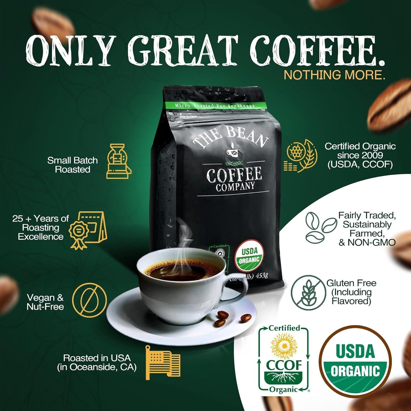 The Bean Organic Coffee Company Island Blend, Medium Roast, Whole Bean Coffee, 16-Ounce Bag